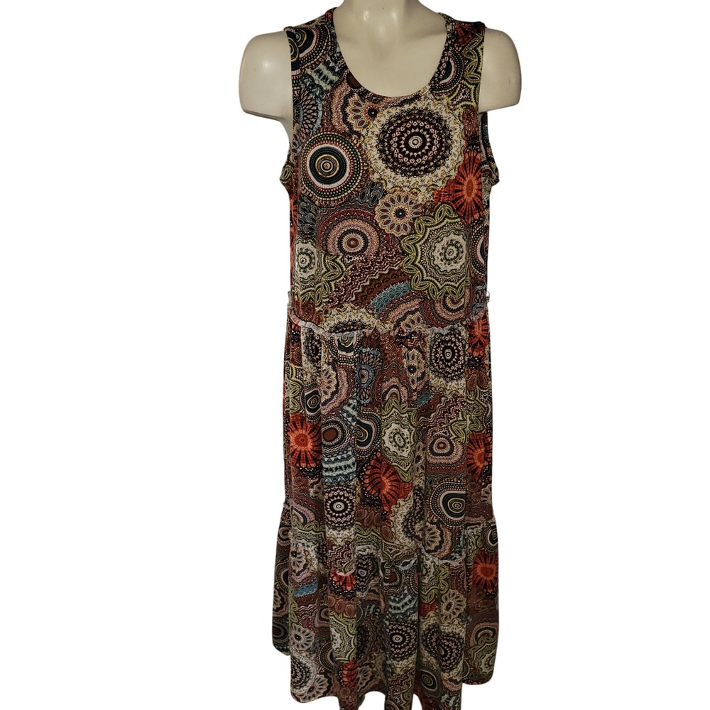 EMMA MICHELE Mandala Print Tiered Maxi Dress Boho Sleeveless L cottagecore